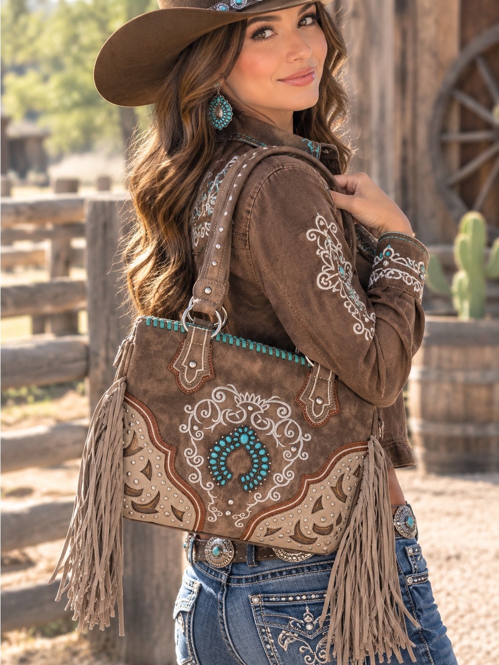Nativo Western Suede Fringe Shoulder Bag Brown Turquoise Accents